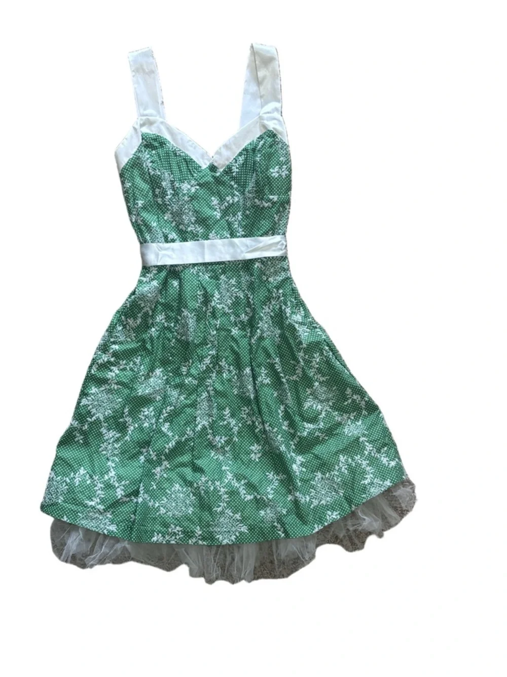 Girls embroidered Whimsy Floral Polka Dot Dress - Green White - Youth M